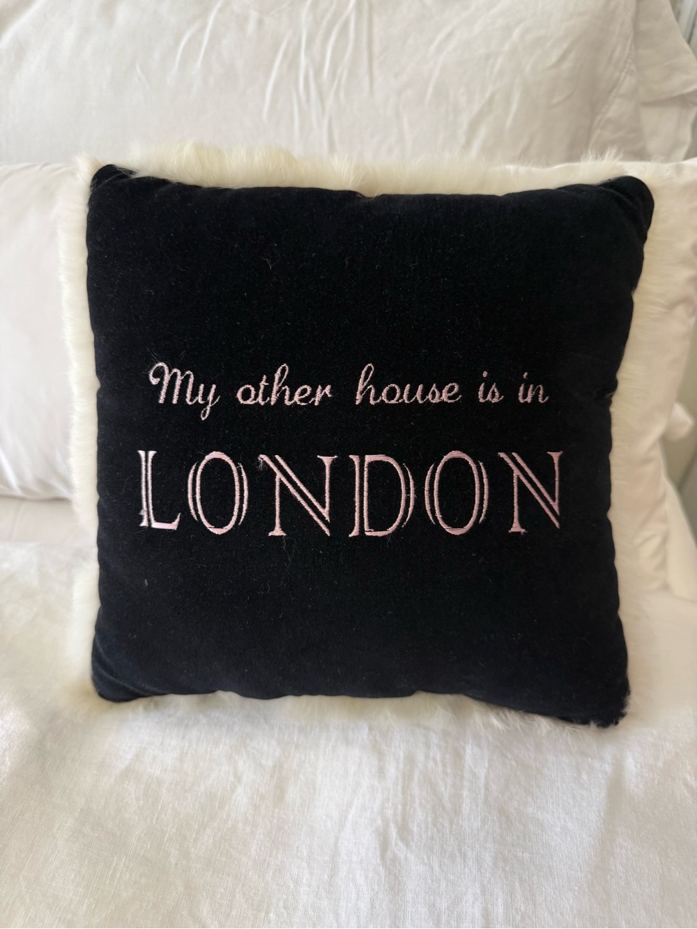Black Velvet Faux Fur Trim Pillow | “My Other House Is In London” Embroidered